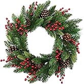 WILLITAT Large Outdoor Christmas Wreath, 24 Inch Christmas Wreaths for Front Door Outside, Farmhouse Indoor Winter Wreath Window, Home Decorations with Pine Cones, Red Berries, Evergreen Leaves