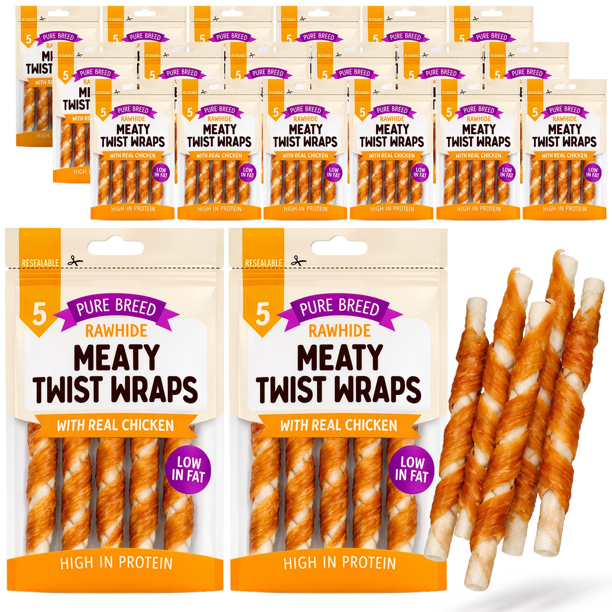 SOL 100pk Meat Wrapped Delicious Dog Treats, Twist Rawhide Sticks in Savoury Chicken Flavour, Puppy Chews for Reward & Training, Low Fat, High Protein Dog Chew Sticks Convenient for Travel & Walks