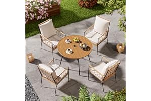 SUNCOZE Outdoor Patio Dining Table and Chairs Set, 5 Pieces PE Rattan Patio Furniture Set with Cushion and Umbrella Hole, Wicker Patio Conversation Sectional Sets for Porch, Backyard and Lawn, Beige