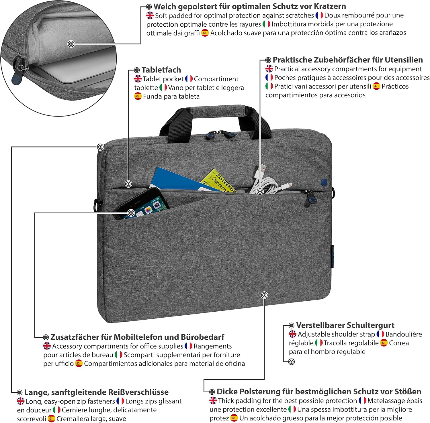 Pedea Laptop Bag Fashion Notebook Bag up to 17.3 Inches (43.9 cm) Shoulder Bag with Shoulder Strap Grey/Blue - Image 5