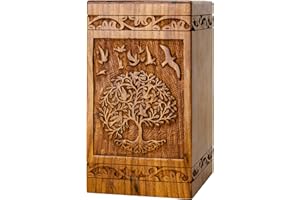 INTAJ Handcarved Wooden Cremation Urn for Human Ashes - Tree of Life Design, 250 lbs Capacity, Suitable for Adult Men and Women - Decorative Funeral Urn Box and Casket - Wooden Carved Box