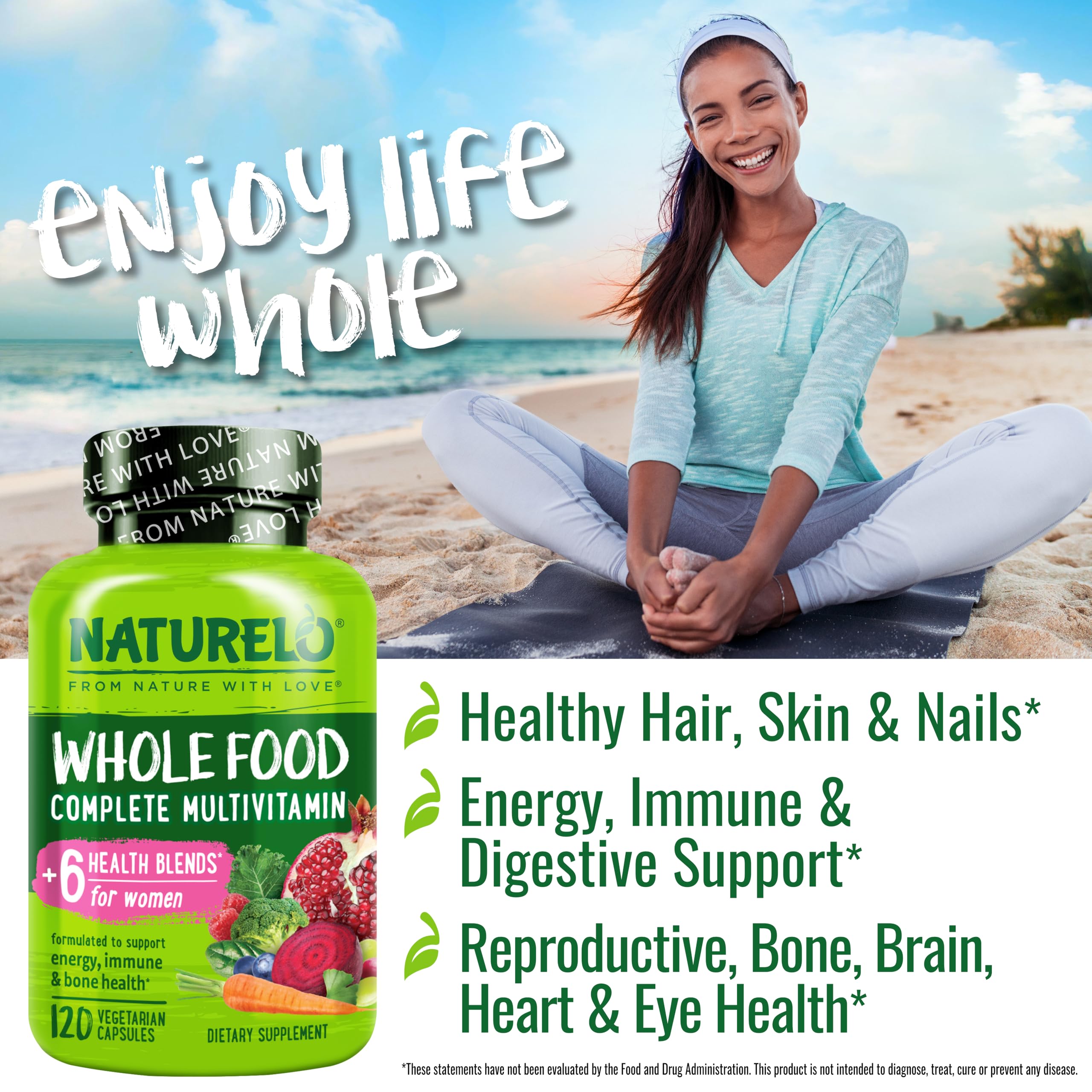NATURELO Whole Food Multivitamin for Women - with Vitamins, Minerals, & Organic Extracts - Supplement for Energy and Heart Health - Non GMO - 120 Vegan Capsules