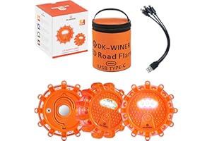 DK-WINER LED Road Flares Roadside Emergency car kit Emergency Road Flares Kit with Magnetic Base for Vehicles & Boat | 9 Flash Modes(with Batteries) (3pack rechargeable)