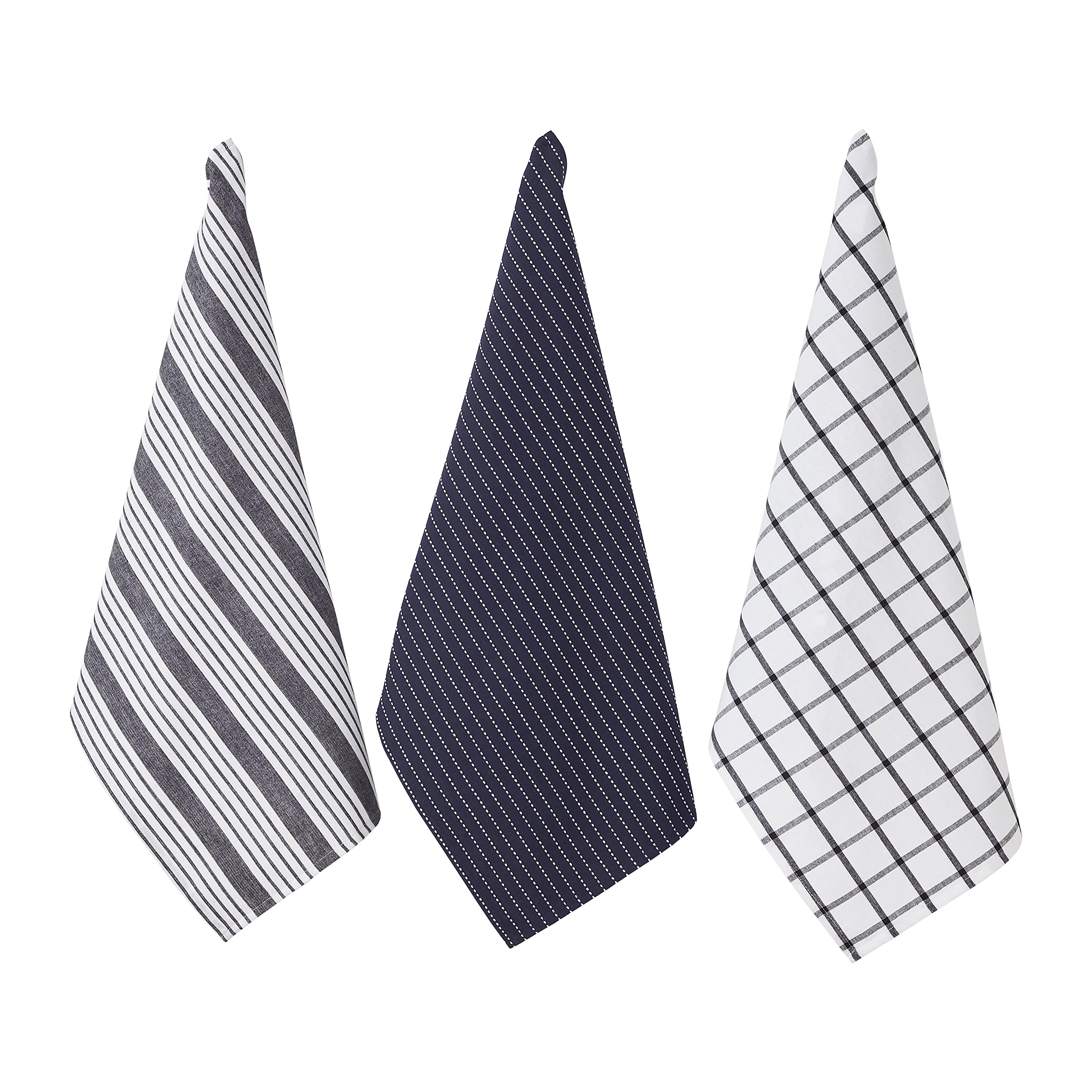 Penguin Home Set of 3 100% Cotton Kitchen Towels, Eco Friendly Sustainable Tea Towels Stylish with Different Pattern, Size - 50x70 cm Colour - White & Charcoal Dish Towels