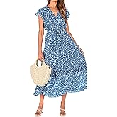 BTFBM Women Summer Bohemian Floral Casual Wrap V Neck Ruffle Cap Sleeveless Belt A-Line Pleated Hem Midi Sun Dress White