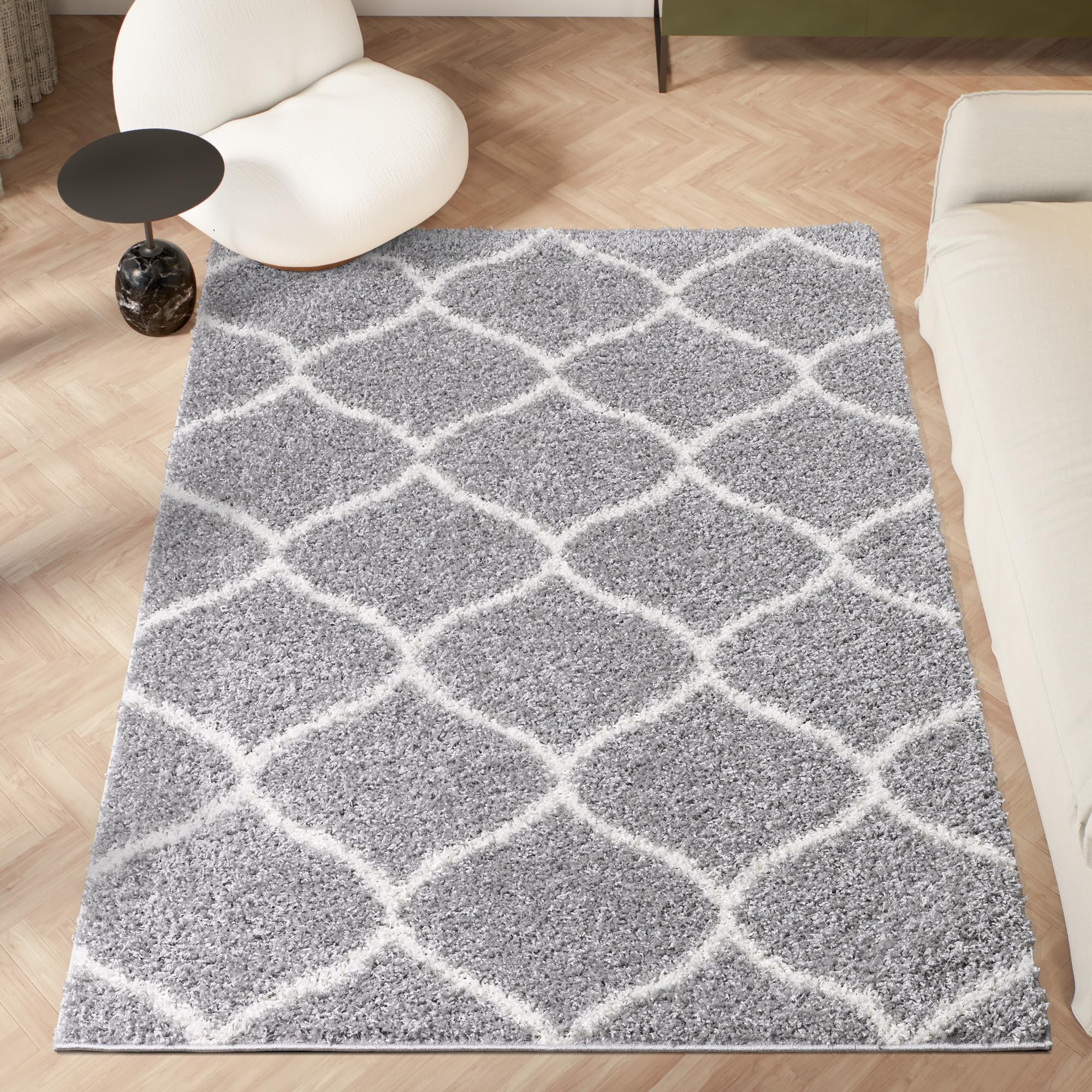 homeart Area Rug - Super Soft Geometric Shaggy Rugs For The Living Rooms, Bedrooms And Kitchen - Modern, Easy To Clean Carpet(Trellis Grey Ivory - 60x110 cm)