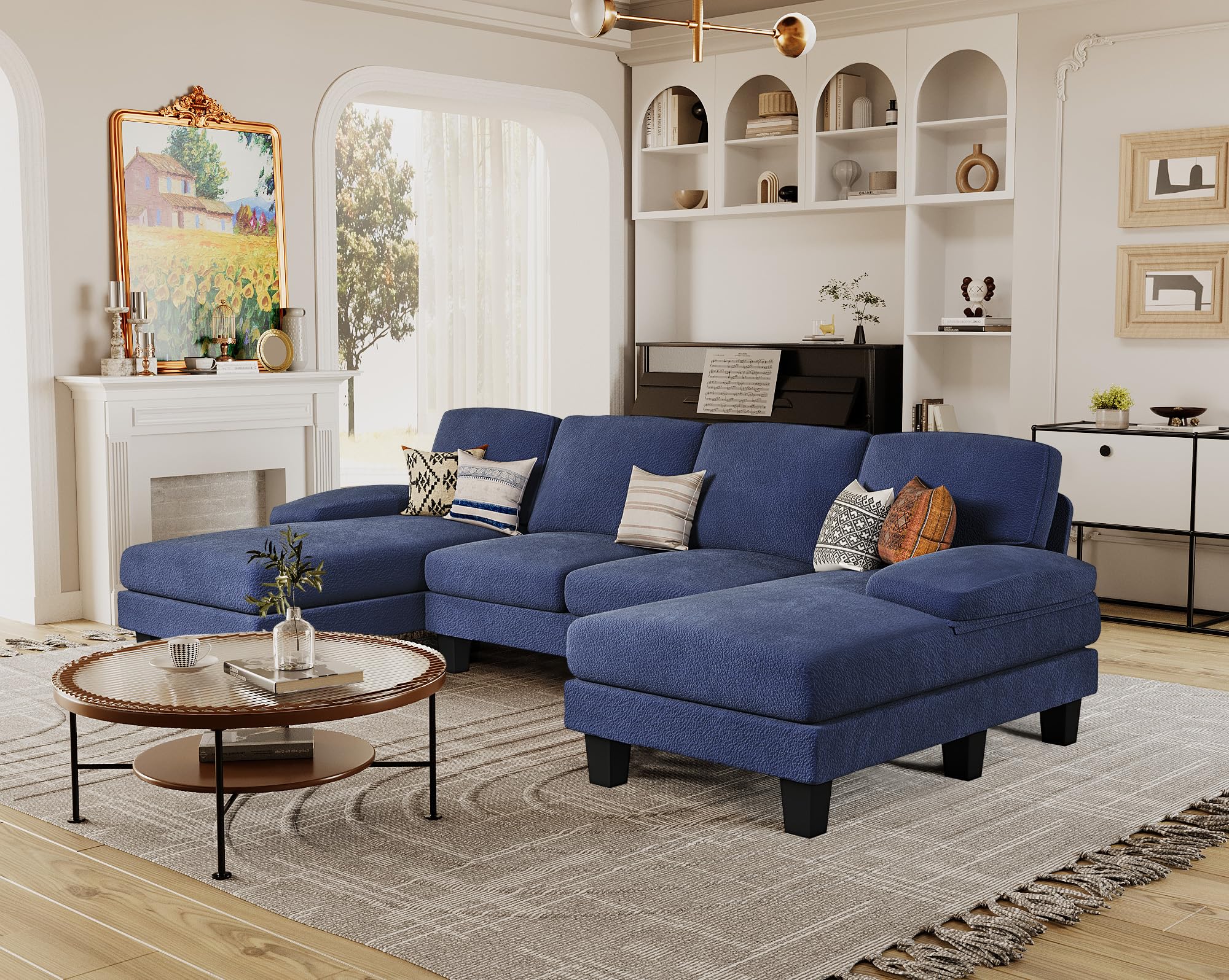 Furmax Sectional Couches for Living Room, U-Shaped Sofa Couch with Linen Fabric, 4 Seat Sofa Set with Double Chaise for Apartment (Loop Yarn, Navy Blue)