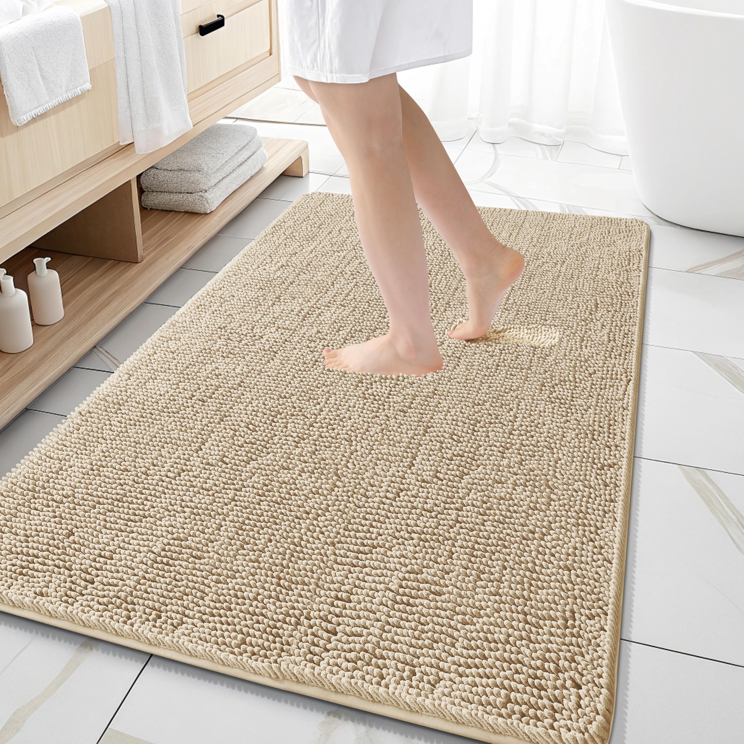 Photo 1 of OLANLY Bathroom Rugs 59x35, Extra Soft Absorbent Chenille Bath Rugs, Rubber Backing Quick Dry, Machine Washable Bath Mats for Bathroom Floor, Tub and Shower, Home Decor Accessories, Beige