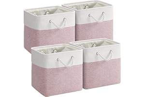 VQRTEXA 12 x 12 Inch Cube Storage Bins, 4 Pack Fabric Storage Basket with Handles, Foldable Boxes Organizer for Shelf Baskets for Home, Clothes, Toys (White/Pink)
