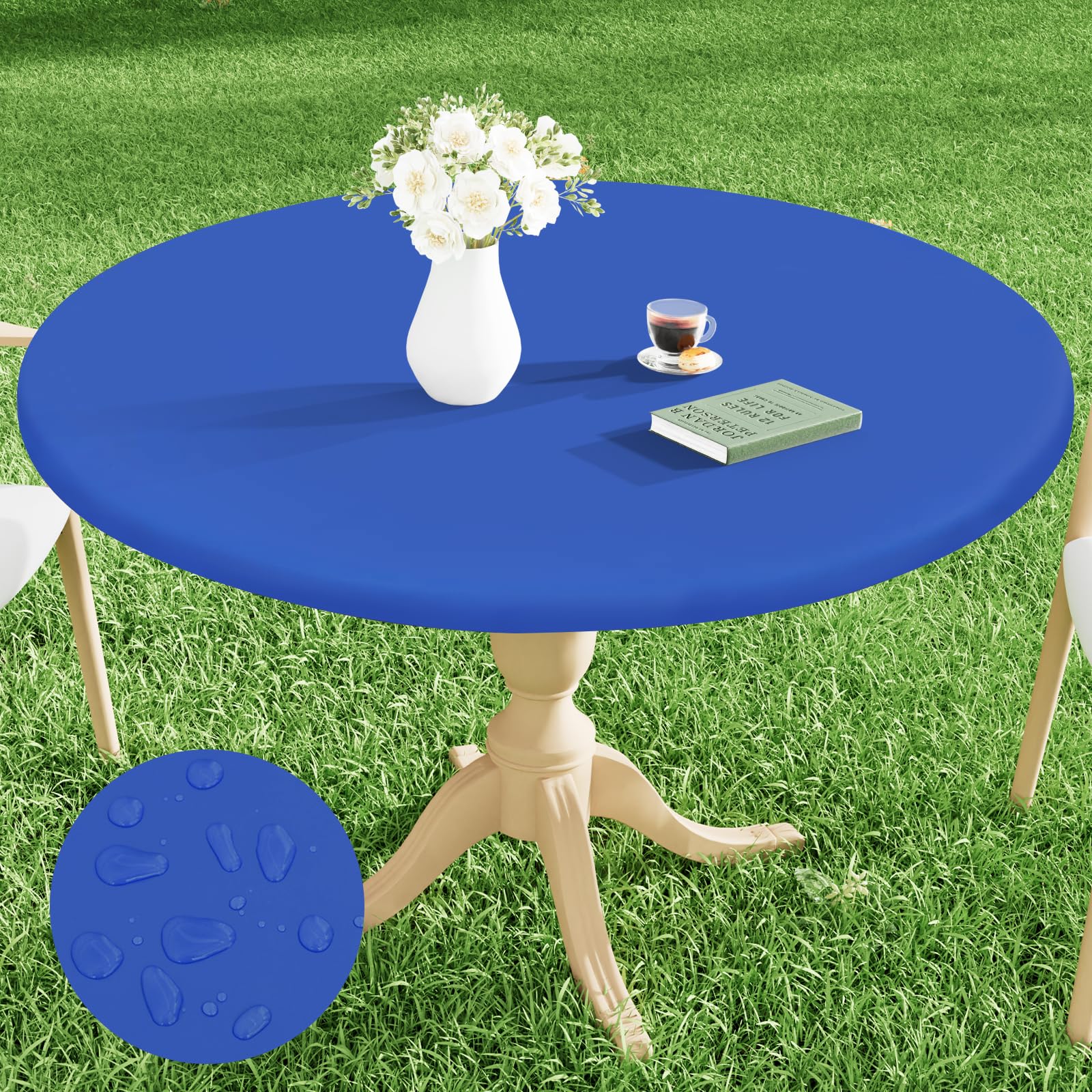 Photo 1 of Smiry Round Picnic Tablecloth, Waterproof Elastic Fitted Table Covers for 36" - 44" Tables, Wipeable Flannel Backed Vinyl Tablecloths for Camping, Indoor, Outdoor, Blue