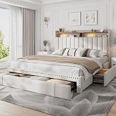 EnHomee Queen Bed Frame with 3 Storage Drawers &amp; Headboard,Upholstered | 2 Side Pockets,Under-Bed Space,Noise-Free, No Box Spring Needed,Easy Assembly,1000lbs for Bedroom Apartment, Beige