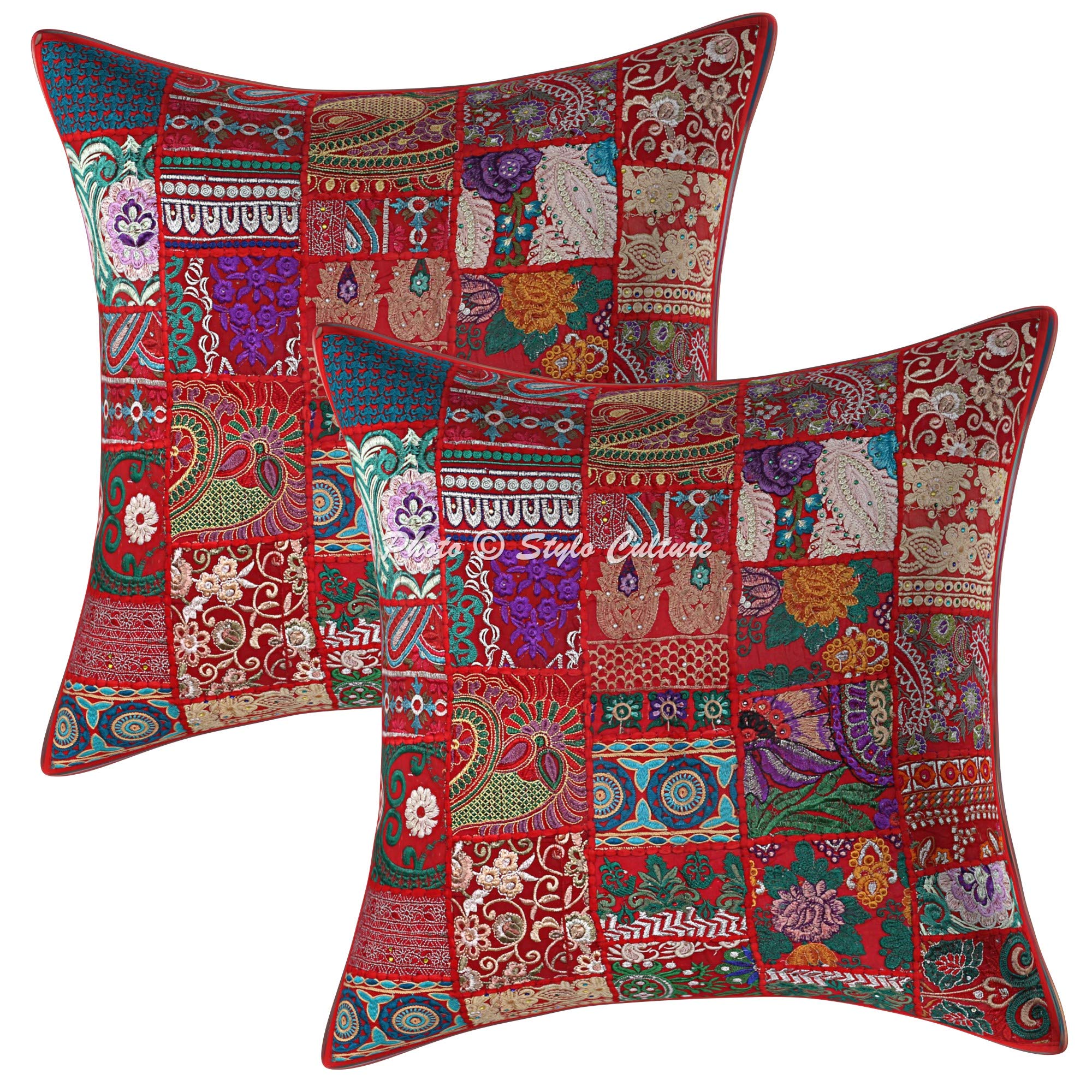 Stylo Culture Ethnic Cotton Vintage Fabric Patchwork Scatter Cushion Covers Large 60x60 cm Red Bohemian 24 x 24 Inch Embroidered Square Sofa Couch Floral Throw Pillowcases - (Set Of 2 Pcs)