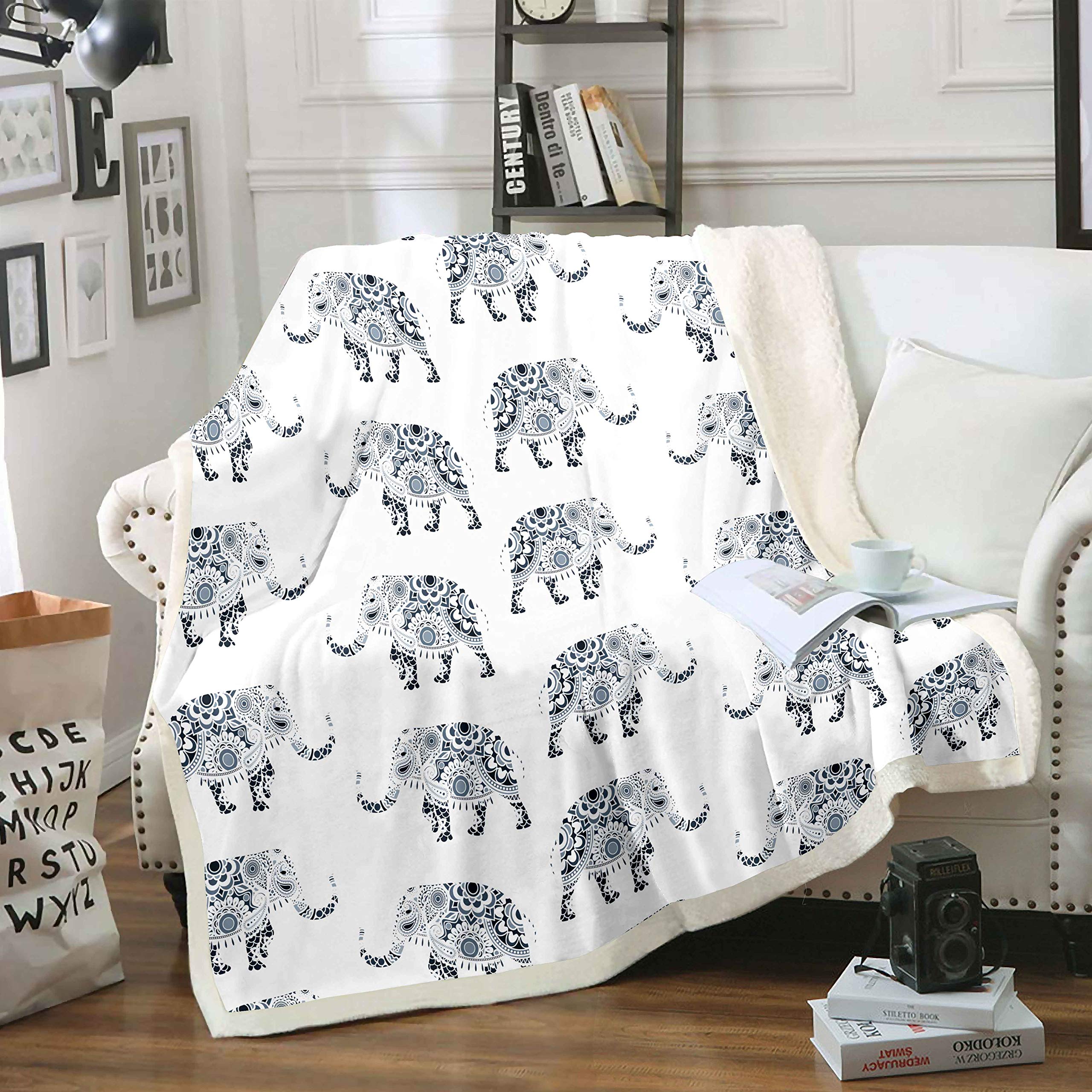 Loussiesd Bohemian Elephant Fleece Blankets Kids Adults Boho Exotic Style Sherpa Blanket Wild Animal Pattern Throw Blanket Ethnic Elephant Print Plush Blankets,Room Decor Fuzzy Blanket Single 50"x60"