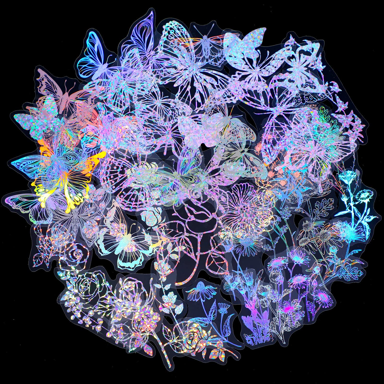 Photo 1 of Suclain 180 Pcs Holographic Glitter Butterfly Sticker Set Waterproof Plant Decorative Flower Decal Glitter Adhesive Sticker for Scrapbooking Journal Planner Bottle Laptop(Flowers and Butterflies)