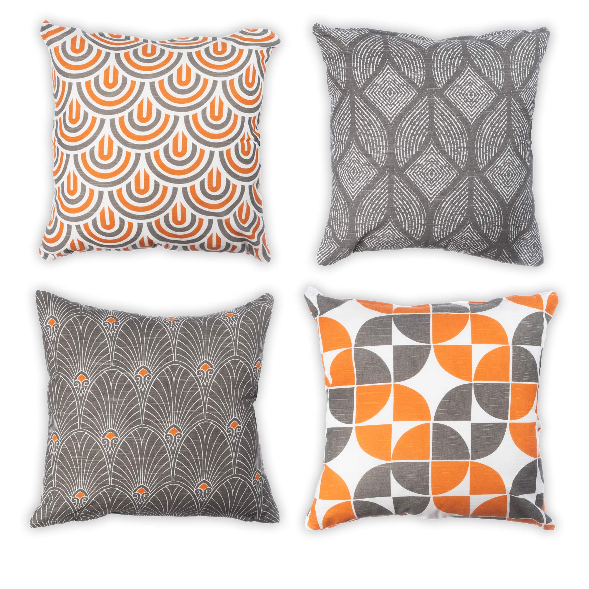 Penguin Home Set of 4 100% Slub Cotton Fabric Cushion Covers 45cm x 45cm Double Sided Square Pillow Covers with Invisible Zipper Pillow Cases for Living Room, Bedroom, Sofa (Grey/Orange)