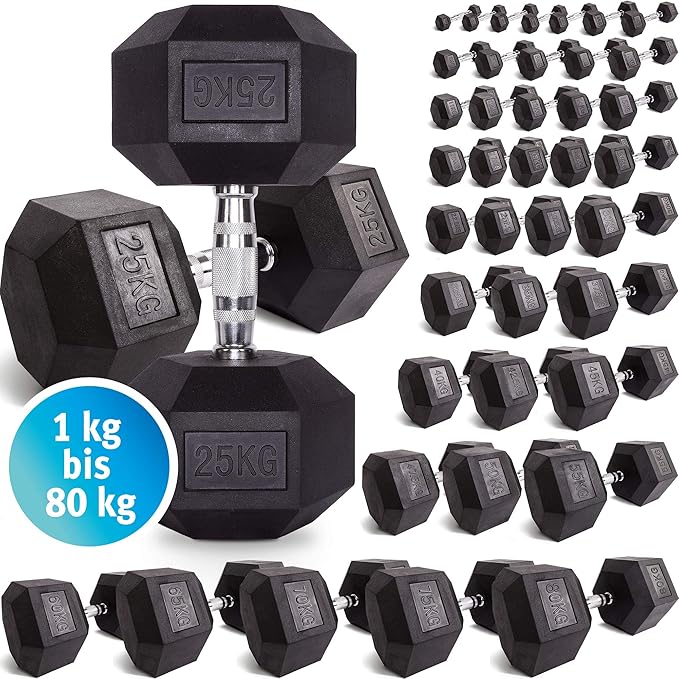 C.P. Sports Hexagon Kurzhantel Gummi 1kg - 80 kg - mit Beschichtung und ergonomischen Griff, Kurzhantel, Dumbbell, rutschsich