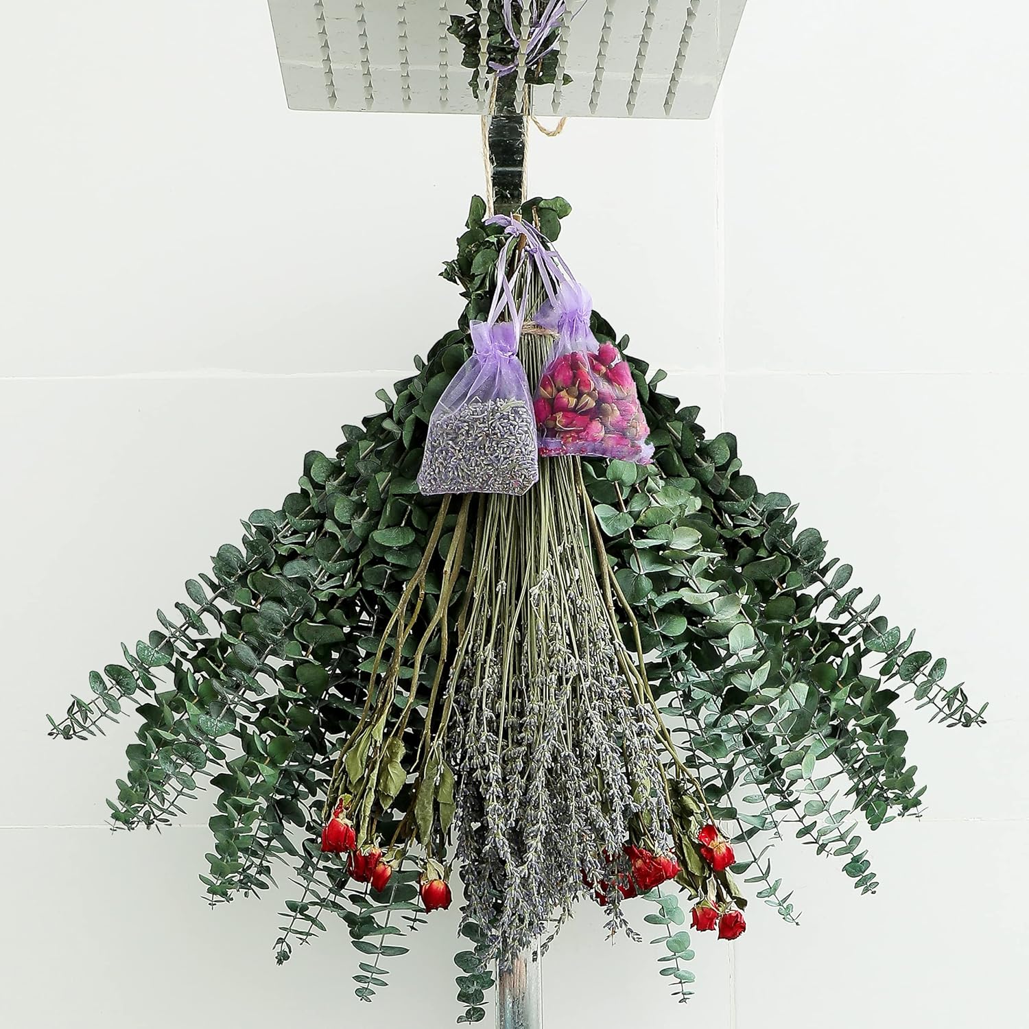 Dried & Preserved Flora - Dried Eucalyptus for Shower & Lavender and Rose Flowers Bundle, 17'' Natural Real Live Eucalyptus Leaves Greenery Stems & Aromatic Lavender Shower Plant,Comes with Lavender and Rose Sachet