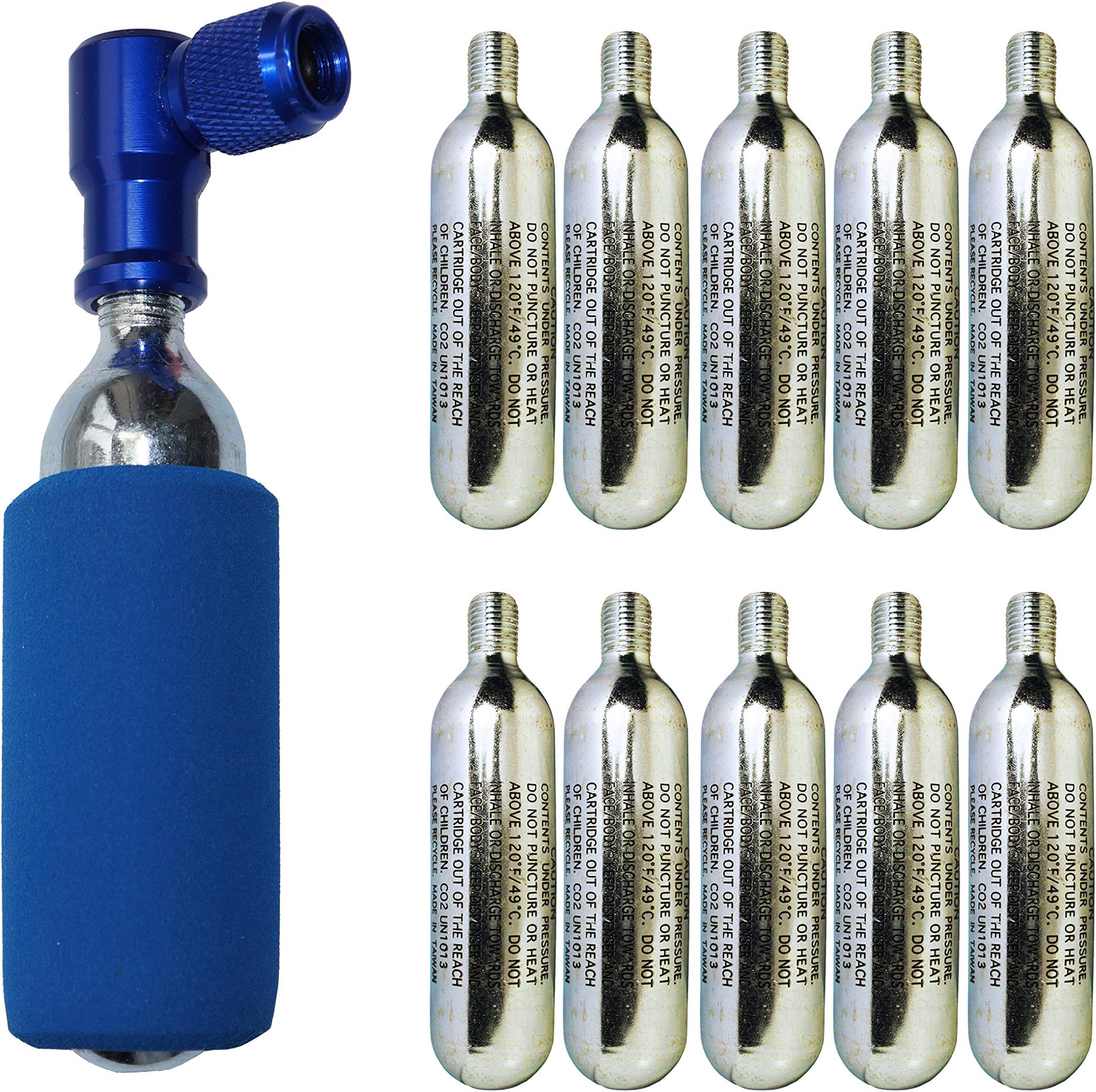 KRONYO CO2 Inflator with 10 x CO2 Cartridges - IN & OUT - Presta & Schrader Valve Compatible - Car Bike Bicycle Motorcycle, Tyre Pump For Road & Mountain Bikes - Insulated Sleeve