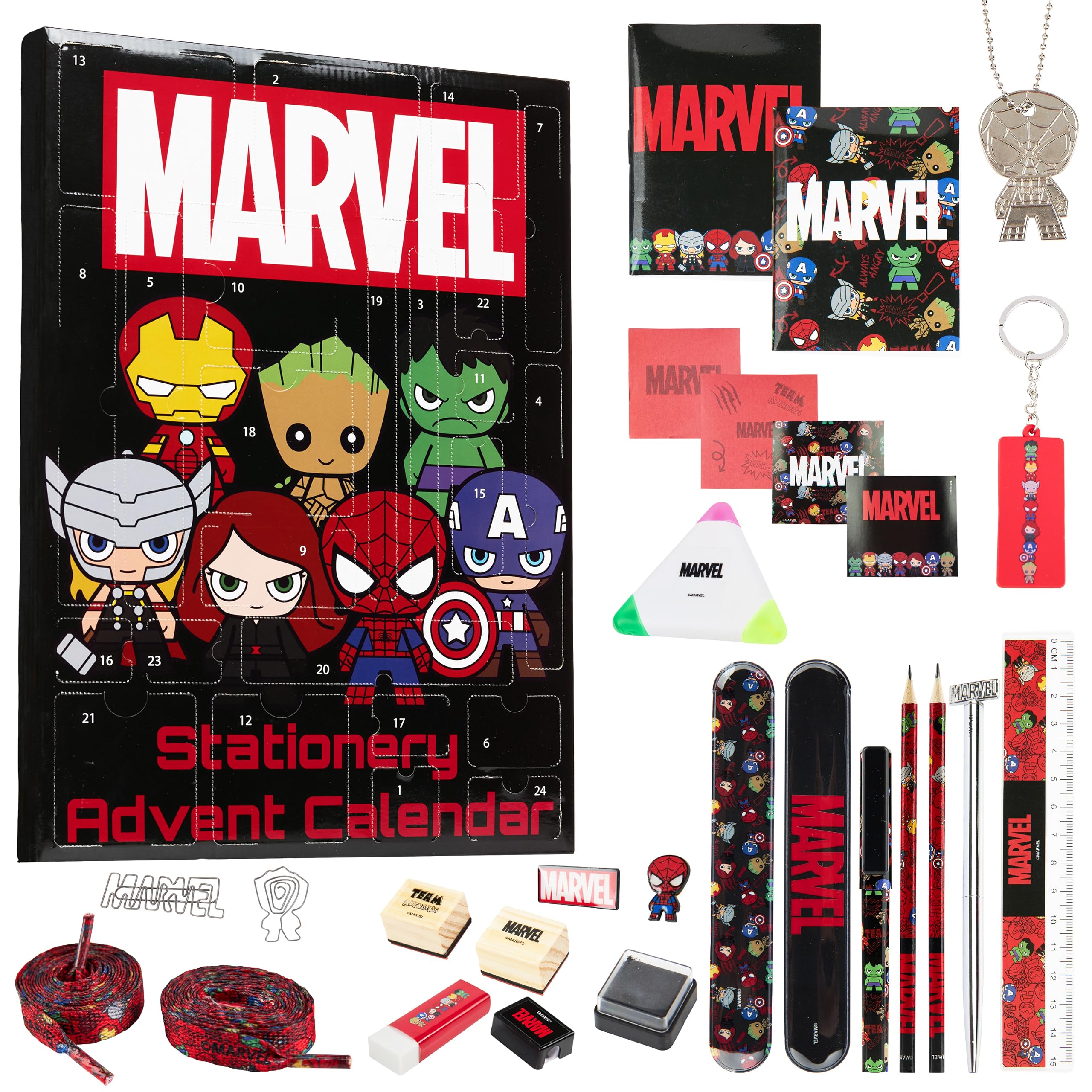 Marvel Spiderman Advent Calendar 2025 Stationery and Accessories Avengers Christmas Countdown Calendar with Pen Keyring Snap Bracelets (Black Marvel)