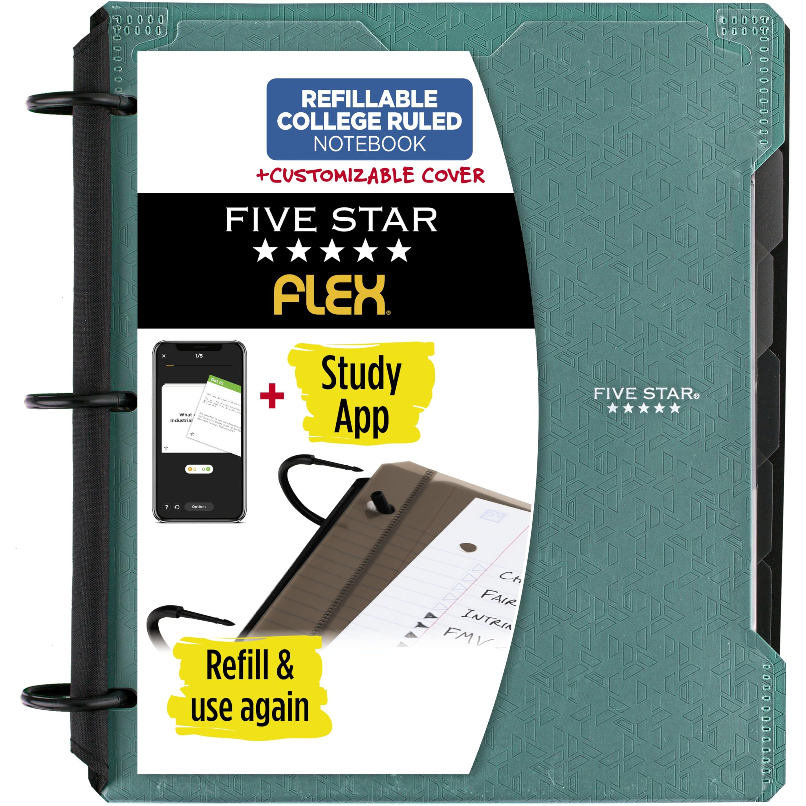 Five Star Flex Refillable Notebook + Study App, College Ruled Paper and 1 Inch TechLock Ring Binder with Customizable Cover, Pockets, Tabs and Dividers, 200 Sheet Capacity, Seaglass Green (29326AQ8) — image 1