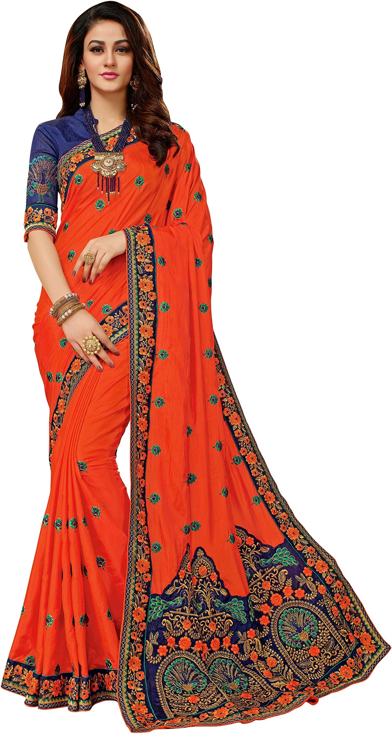 MANOHARI Women's Cotton Silk Saree With Unstitched Blouse Piece (MN431_Orange)