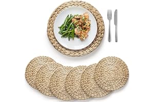 (Sizes:12"-13''-14''-15'') BLUEWEST Woven Placemats, Round Placemats Rattan Placemats, Wicker Water Hyacinth Placemats, Round Braided Placemat Set, Heat Resistant/Anti-Slip for Plate (14'',Set 6)
