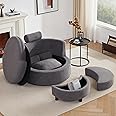 AYEASY Swivel Chair with Half Moon Storage Ottoman, Round Oversized Swivel Barrel Chair with Base Storage for Living Room, 360°Modern Accent Chair with 3 Pillows for Home, Teddy Fabric,Grey