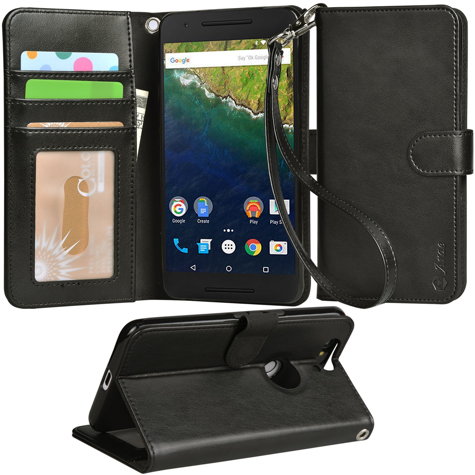Nexus 6P case, Arae Huawei Nexus 6P wallet case,[Wrist Strap] Flip Folio [Kickstand Feature] PU leather wallet case with ID&Credit Card Pockets for Google Nexus 6P (Black)