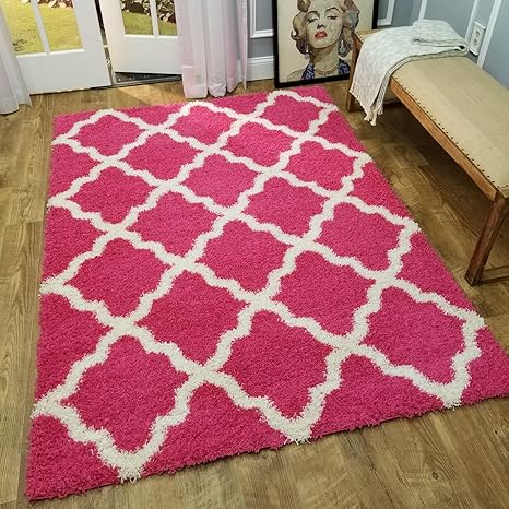 Maxy Home Shag Area Rug 3x5 New Moroccan Trellis Pink Shag Rugs For Living Room Bedroom Nursery Kids College Dorm Carpet By European Made Mh10