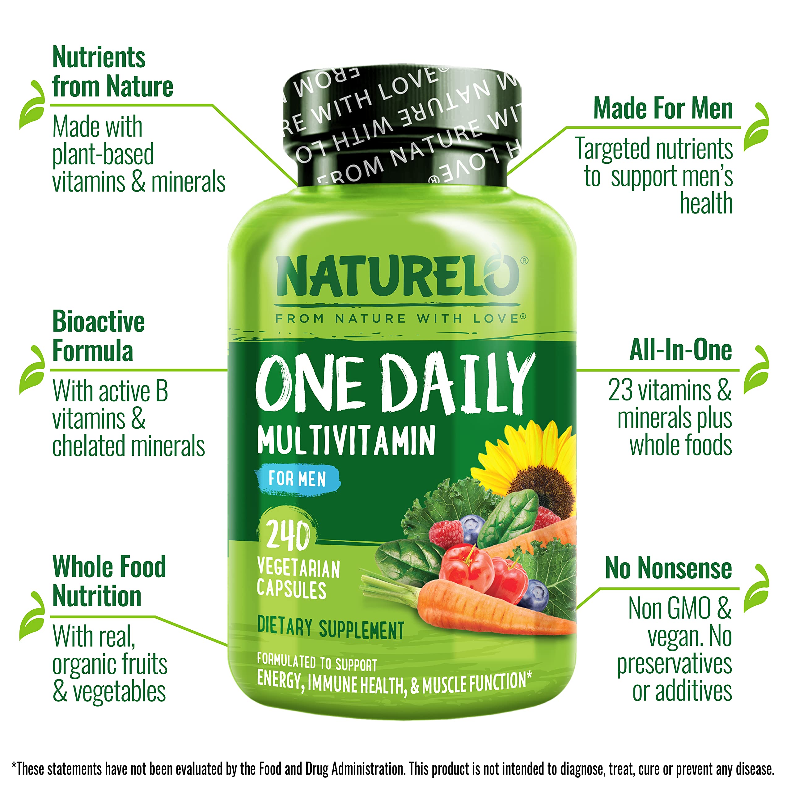 NATURELO Mens Multivitamins - One Daily Multivitamin for Men with Vitamins, Minerals & Organic Whole Foods, Boost Energy & Health, Non-GMO, 240 Vegetarian Capsules
