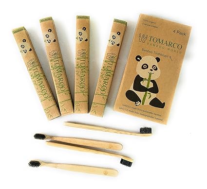 TOMARCO | Cepillos de dientes de bambú sostenibles | Paquete de 4 | Cerdas de carbón