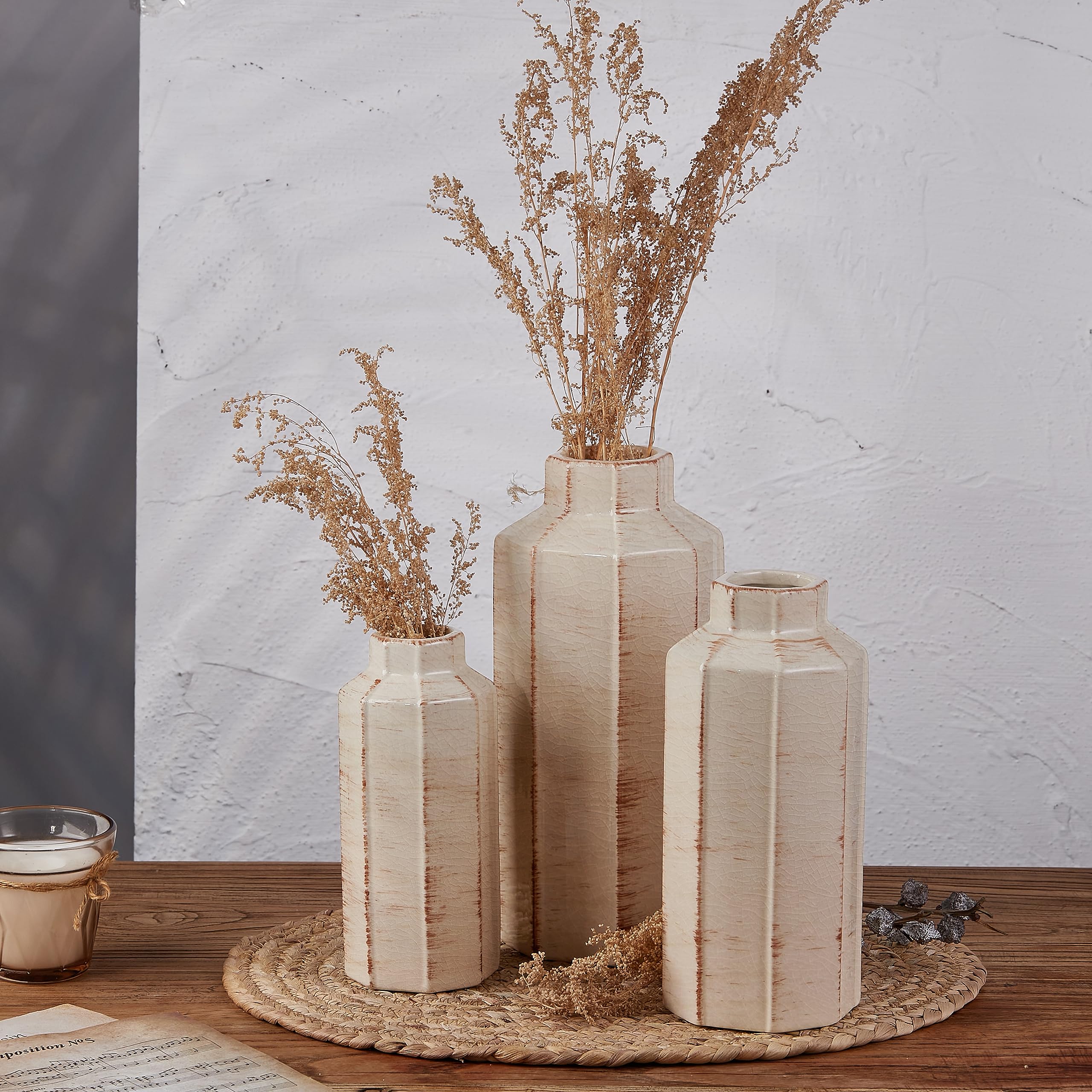 Photo 1 of LUKA Ceramic Rustic Farmhouse Vase Set of 3,Ice Cracked Glazed Terracotta Vase,Large Vases for Decor,Fall Decoratiion Vases for Home, Table, Living Room, Shelf
