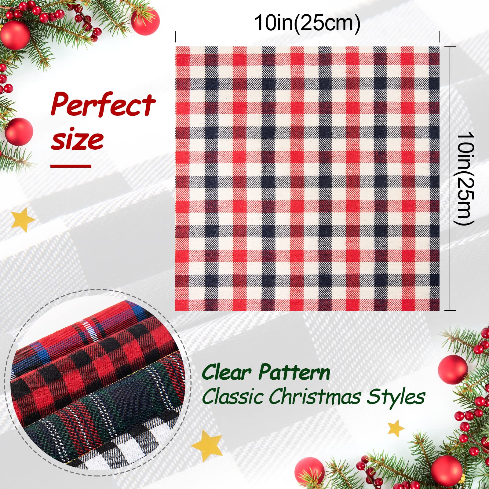 30pcs Christmas Plaid Cotton Fabric- 10 x 10inch Xmas Quilting Fabric Squares in 10 Styles Christmas Fat Quarters Fabric DIY Fabric Supplies for DIY Sewing Quilting Patchwork Homemade Crafts Presents