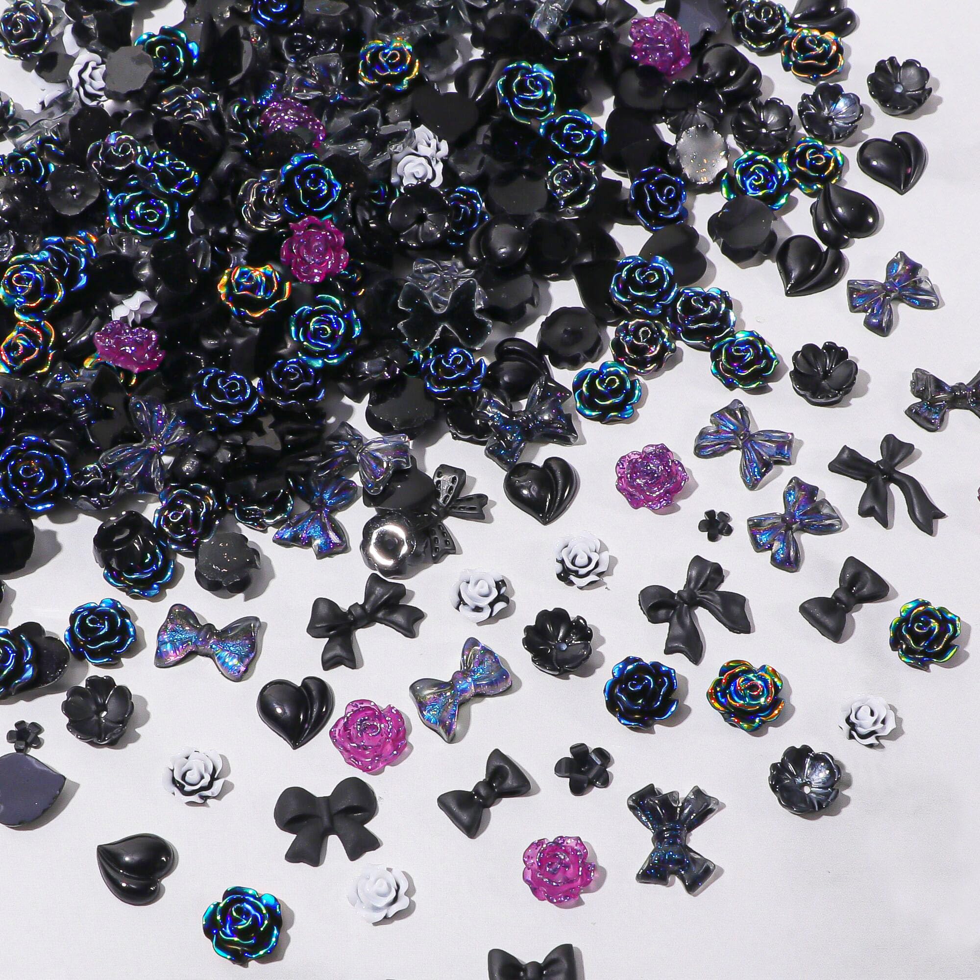 Resin Nail Charms, 400PCS Multi Shapes Flower Bow Bear Moon Heart Nail Art Rhinestones, DIY Crafts Jewelry Accessories (Black)