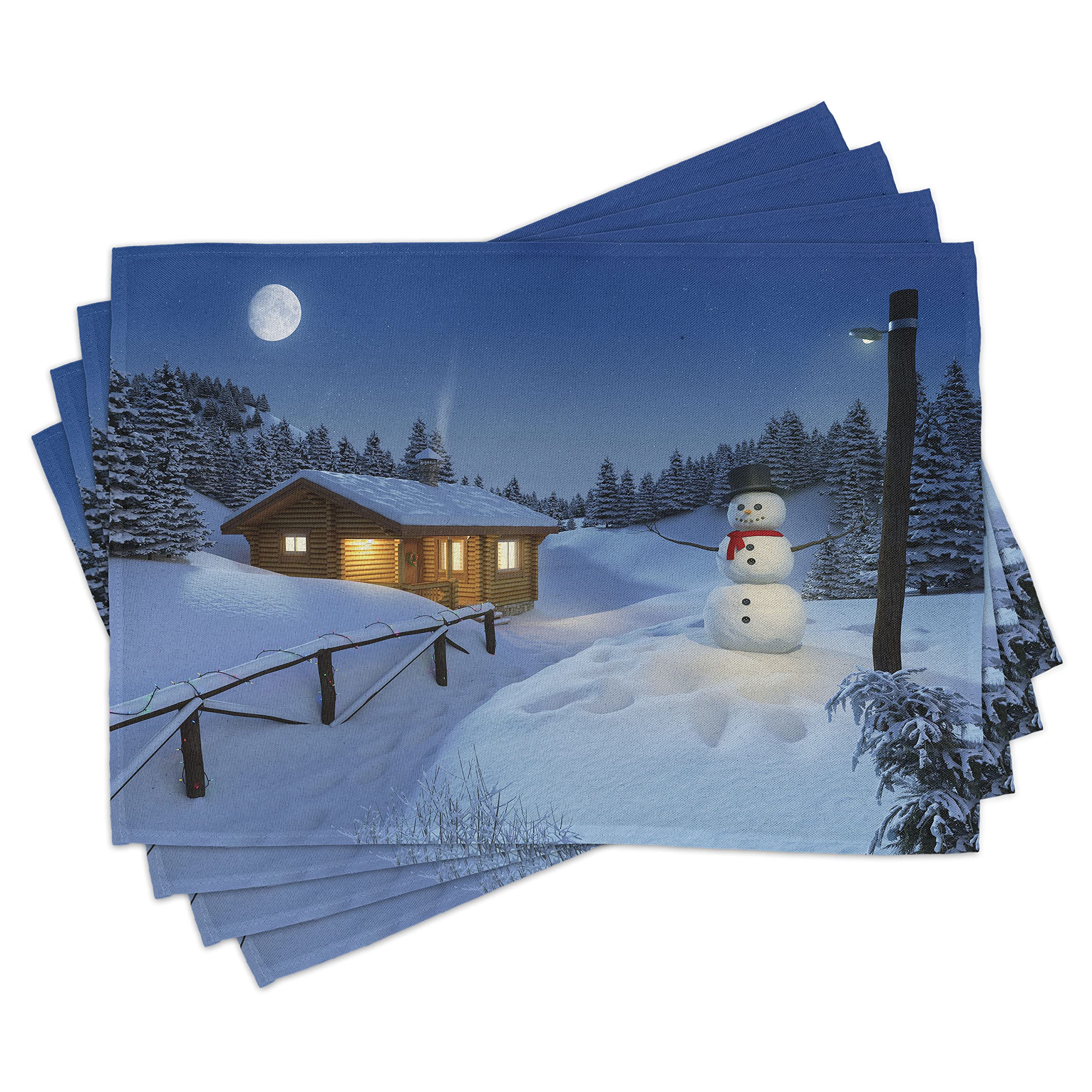 ABAKUHAUS Christmas Placemats, Rustic Wooden Cabin, Washable Fabric Dining Room Kitchen Table Decoration Digital Print, Midnight Blue White