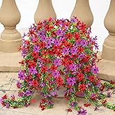 Fake Artificial Hanging Flowers for Outdoors Fake Plants Decoration, 2 Bundles Faux Silk Colorful Daisy Eucalyptus Realistic UV Resistant for Outside Home Planter Porch Patio Yard Decor(Purple Red)
