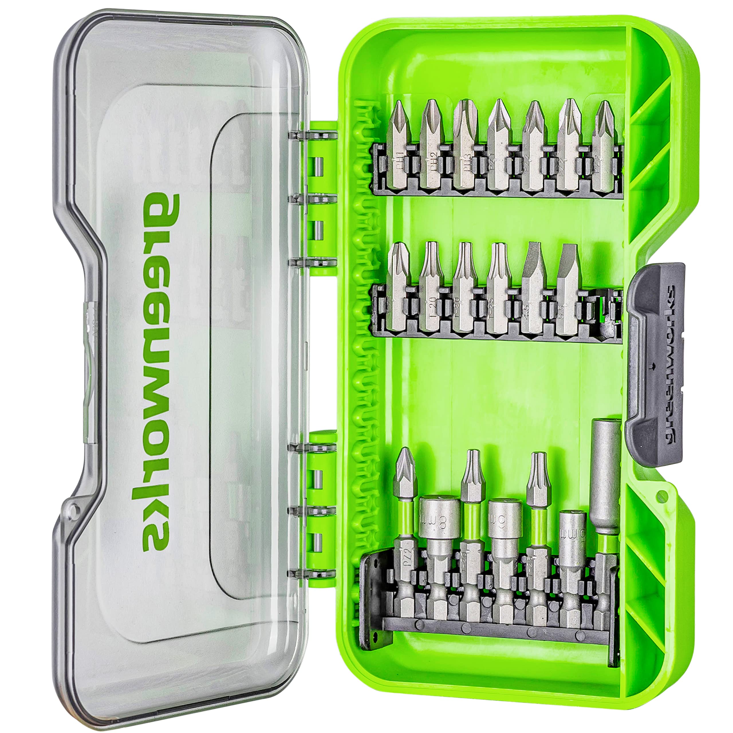 Greenworks Hardened Screwdriver bits (extensive Set of 20 Pieces Pick and Click bits Suitable for All Cordless Screwdrivers)