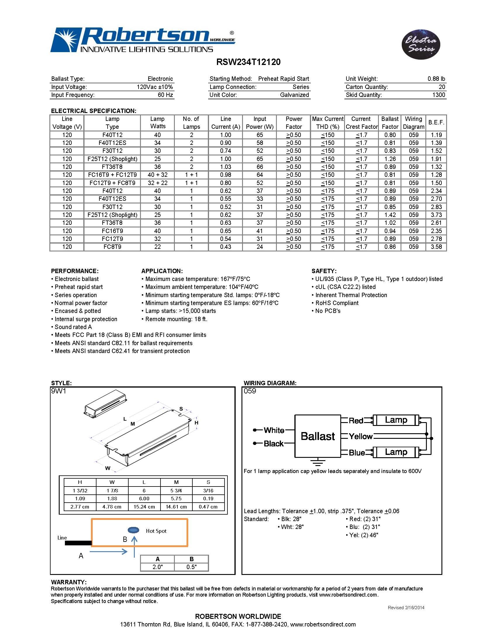 ROBERTSON 3P20132 Fluorescent eBallast for 2 F40T12 Linear ... f40t12 ballast wiring diagram 
