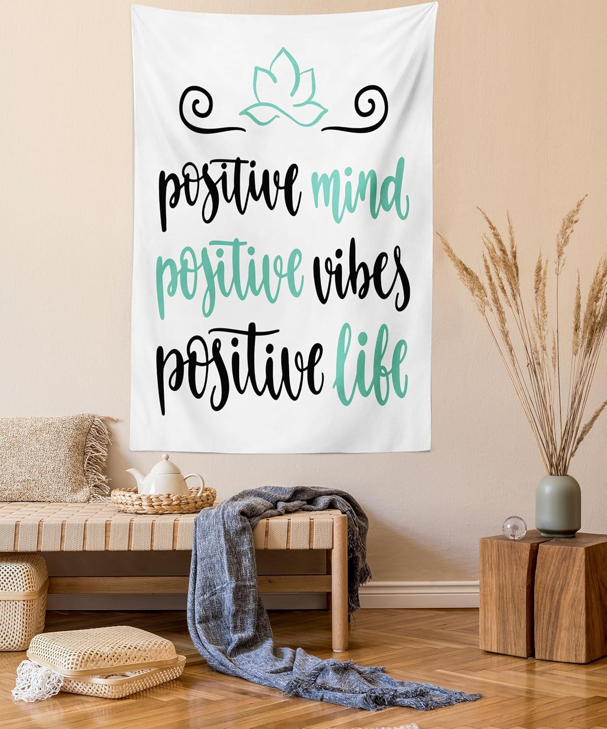 Tapestries - Lunarable Saying Tapestry, Modern Calligraphy Positive Mind Vibes and Life Phrase Yoga Lotus, Fabric Wall Hanging Decor for Bedroom Living Room Dorm, 30