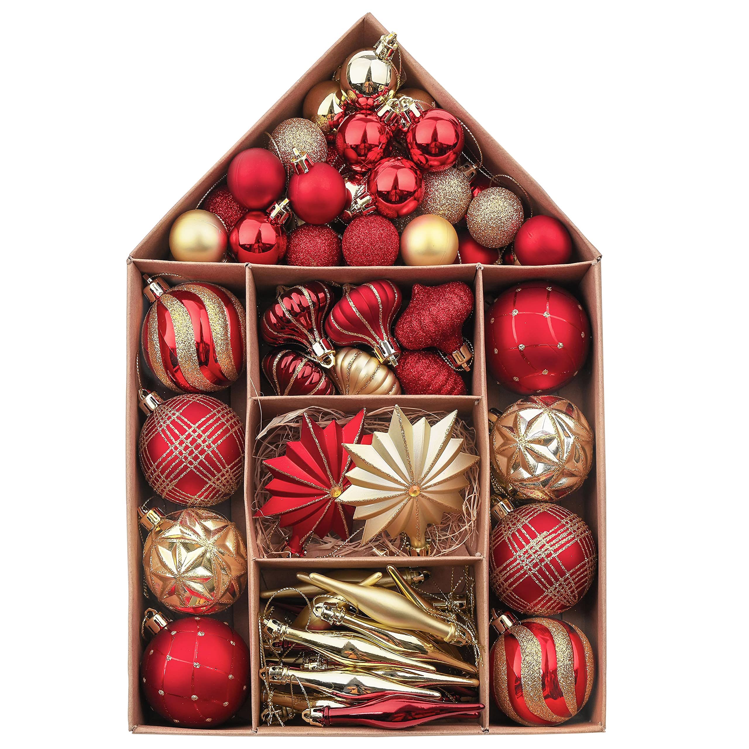 Valery Madelyn 70pcs Shatterproof Christmas Baubles Pack, Traditional Red and Gold Christmas Ball Ornaments for Tree Decoration (L)