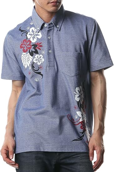 Amazon ぽろゆし ハイビスカスボタンダウンポロシャツ メンズ 04 ネイビー ポロシャツ 通販