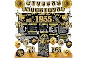 EIURTEAO 70th Birthday Decorations Kit for Men Women, Black Gold 24PCS Back in 1955 Banner Decorations , Vintage 1955 Banner Wooden Table Sign Poster Hanging Swirl Balloons Papar Fans Cheers to 70 years