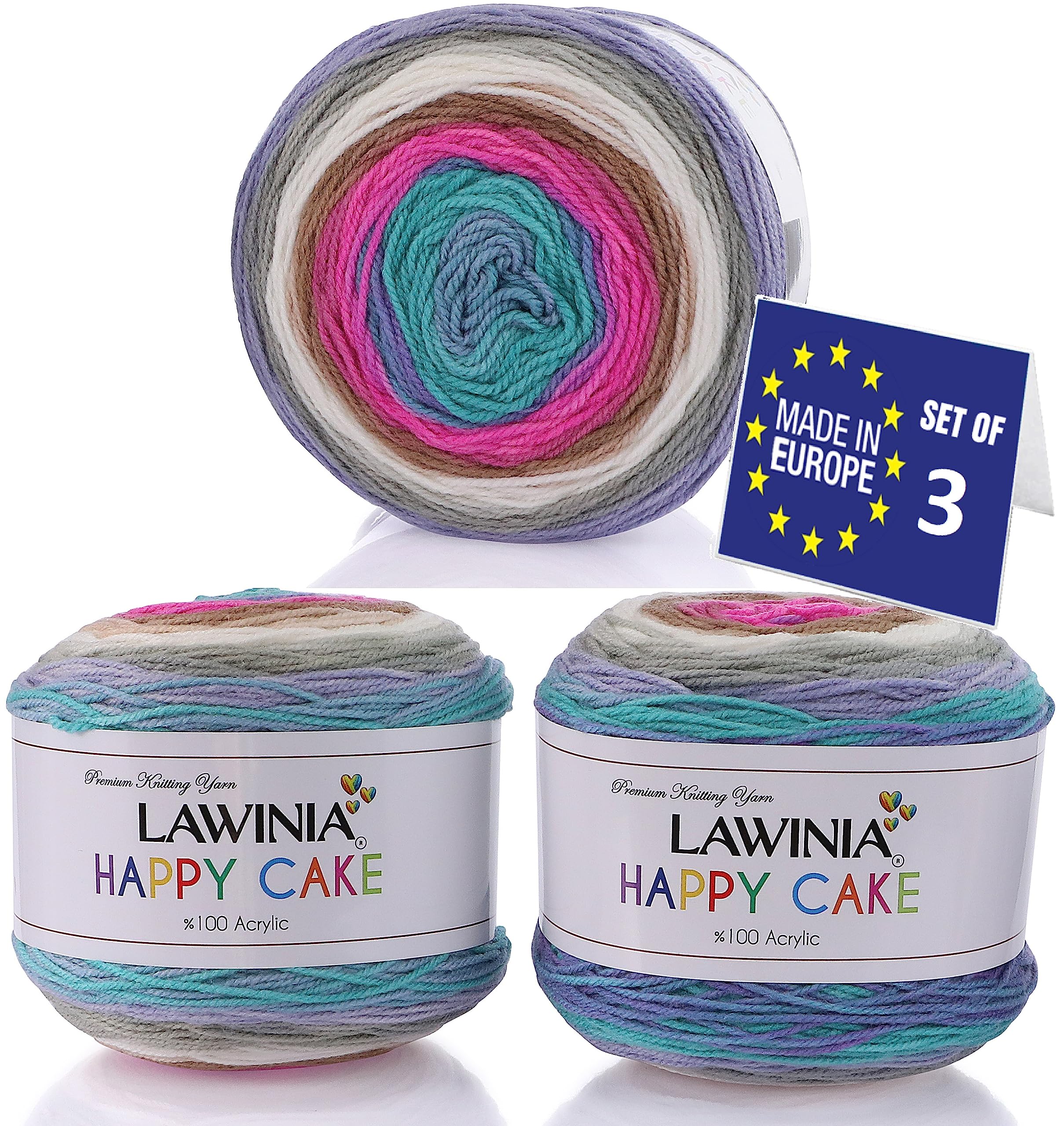 LAWINIA Happy Cake Premium Rainbow Yarn DK, Pack of 3 Each 150g - 530m Cake DK Knitting Yarn, Gradient Rainbow Wool for Knitting, Multicoloured Wool