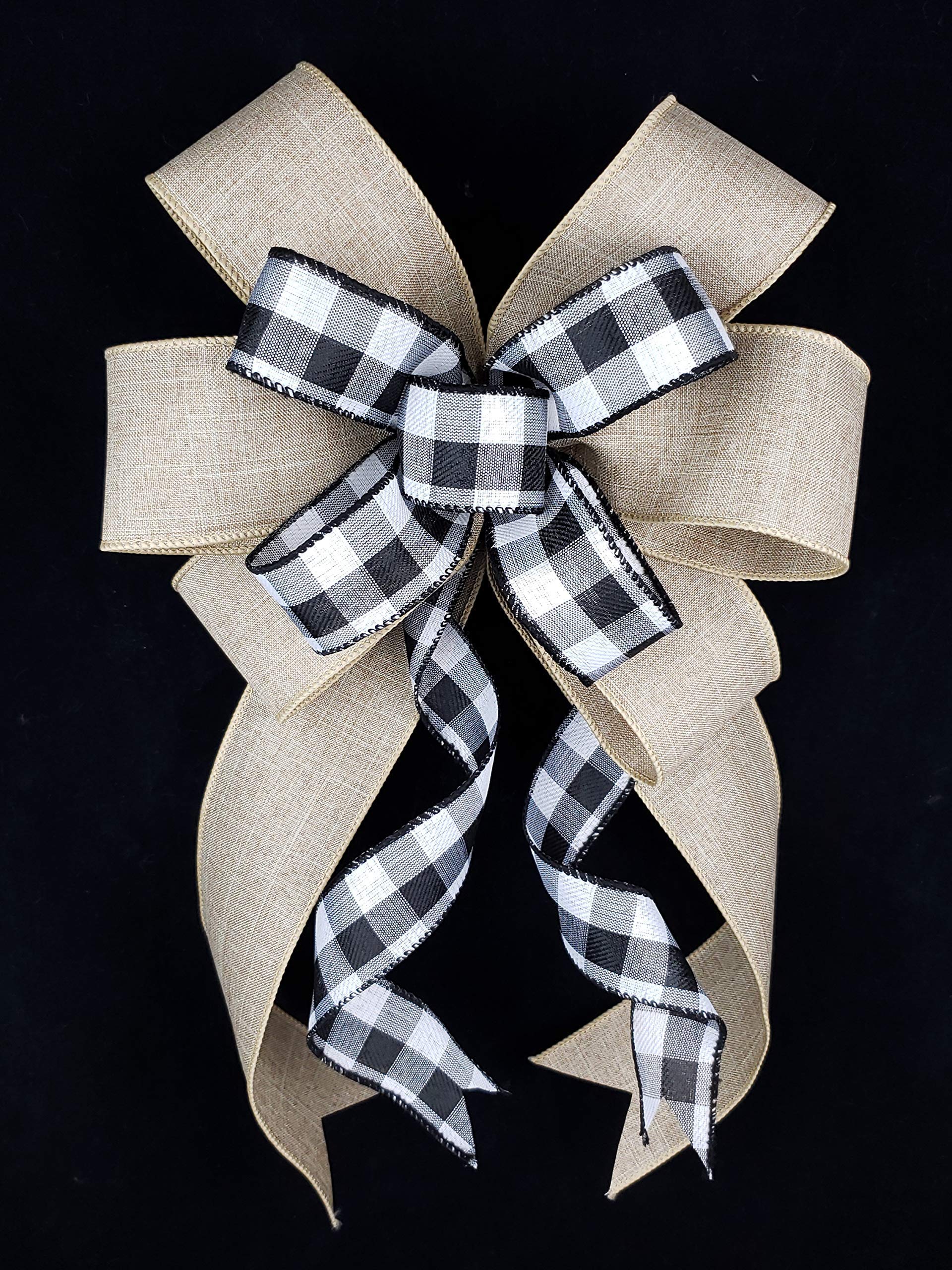 Black White Buffalo Plaid Check Tan Bow for Wreath 10 x 18 inches