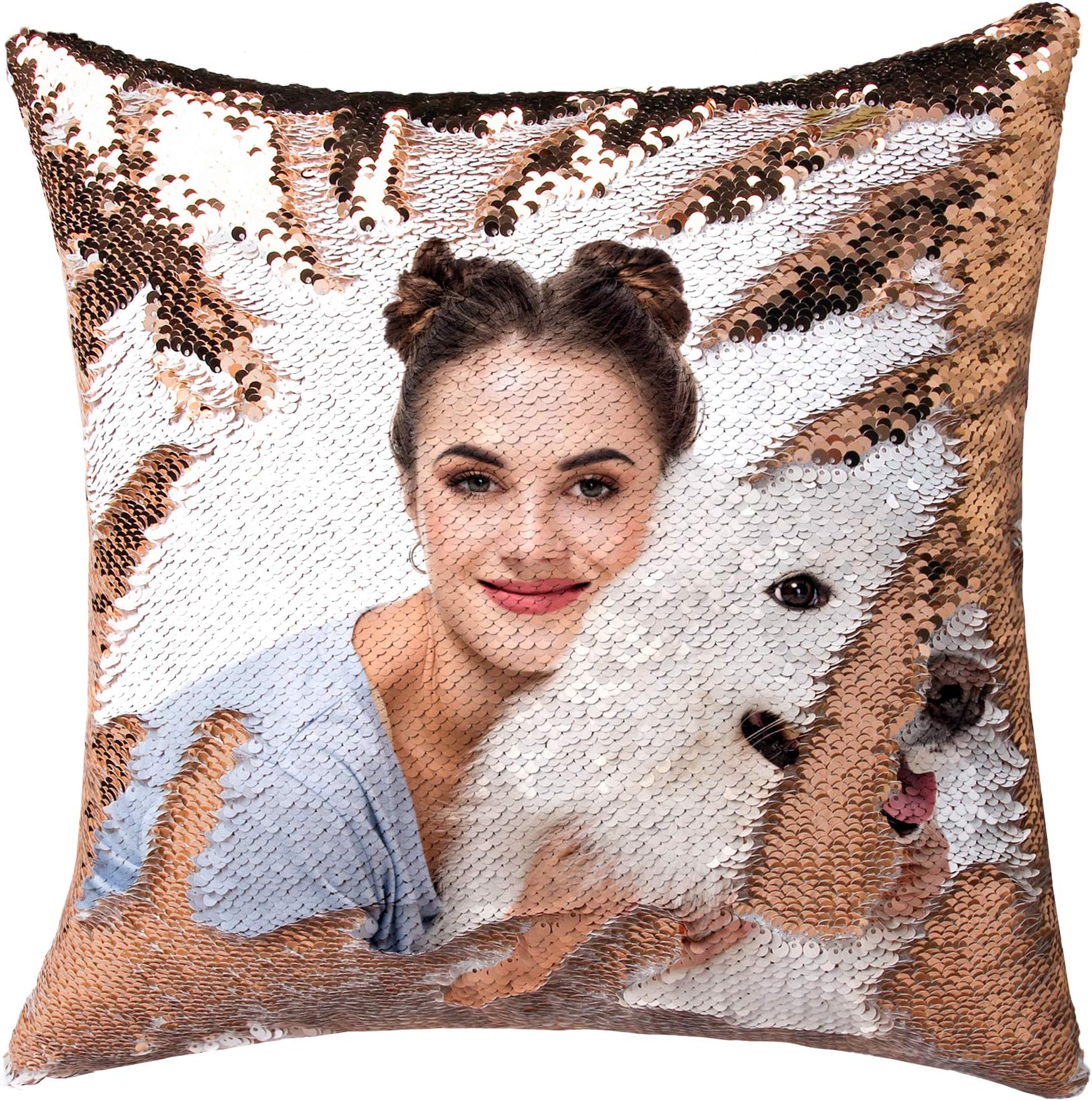 Personalized Sequin Pillow Cover with Your Photos Customized Gifts Custom Love Photos,Wedding Keepsake Pillow Case Magic Reversible Mermaid Sequin Throw Pillow Cover Gifts (Gold Sequin)