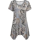 Nandashe Women Short Sleeves Tunic Shirts Casual Scoop Neck Floral Irregular Hem Blouses Tops