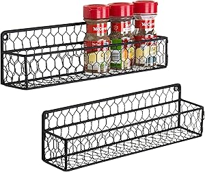 MyGift Set of 2 Black Chicken Wire Wall-Mounted 12-inch Spice Racks