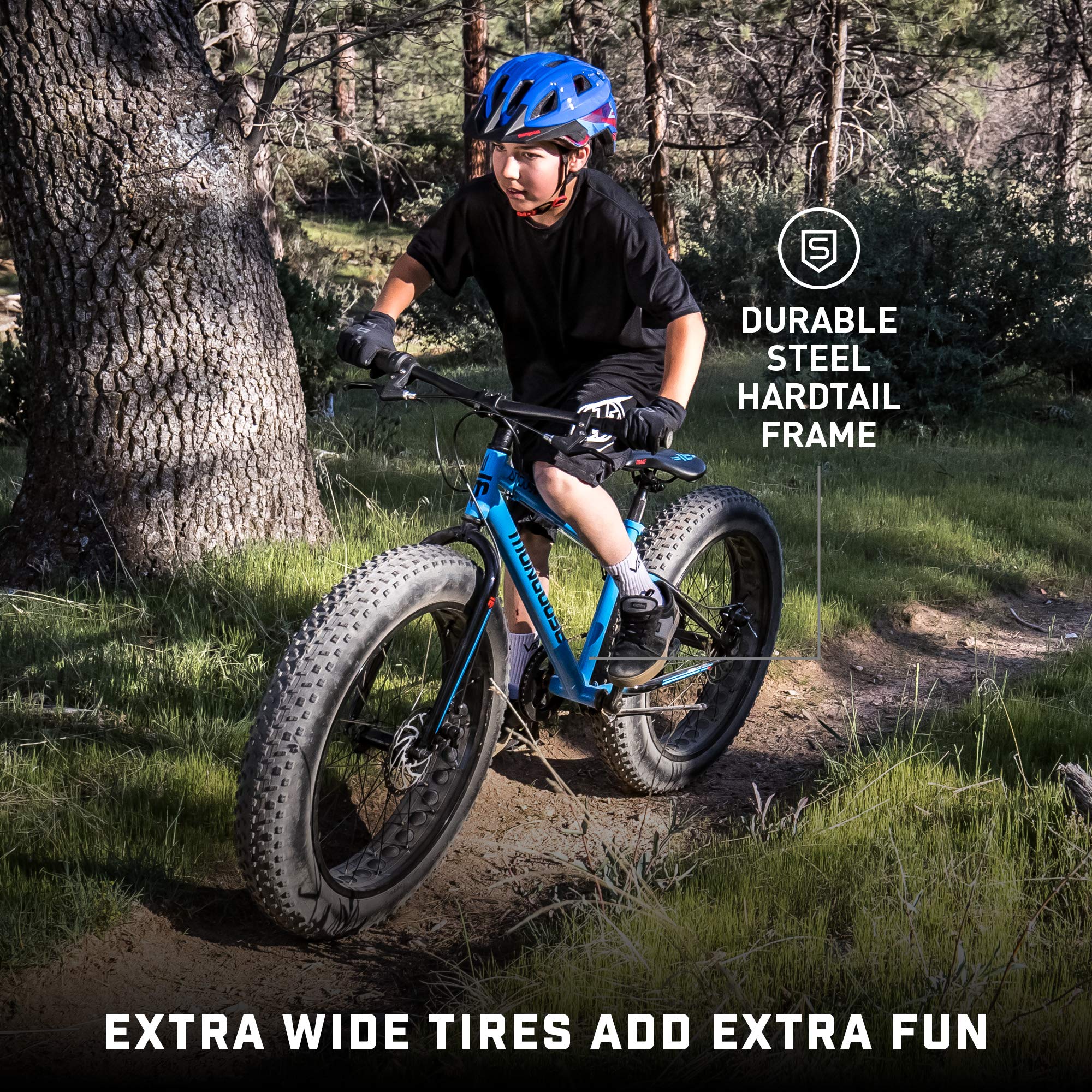 Mongoose Argus Trail or ST Fat Tire Mountain Bike, 20, 24 or 26 Inch Bike for Kids and Adults, 7 or 16 Speed, Aluminum or Steel Frame, Knobby Mountain Fat Tires, Mechanical Disc Brakes