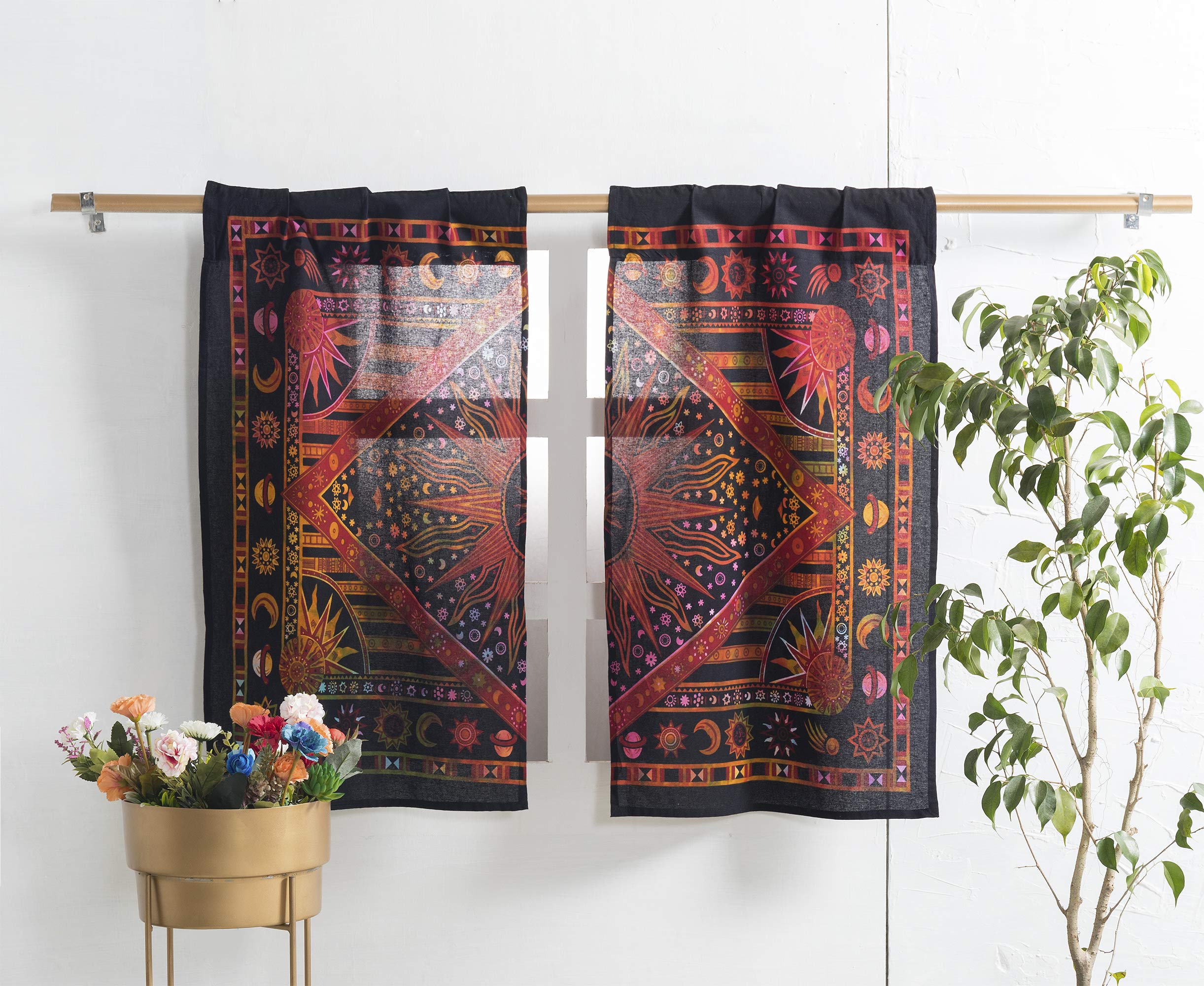 Popular Handicrafts Indian Burning Sun Hippie Mandala Kitchen Window Curtains - Gypsy Tye Dye Bohemian Sun Moon Beautiful Drapery Bedroom Living Room Balcony Valance Panels Golden — image 1