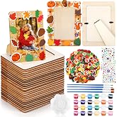 Fovths 24 Packs Fall Picture Frame Painting Craft Kit with Foam Stickers Rhinestone Stickers Painting Tools Set Brushes Unfinished Wooden Photo Frames Thanksgiving Decoration for Paint and Decorate